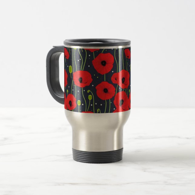 Caneca Térmica Vibrant Modern Red Poppies Pattern Art (Frente Esquerda)