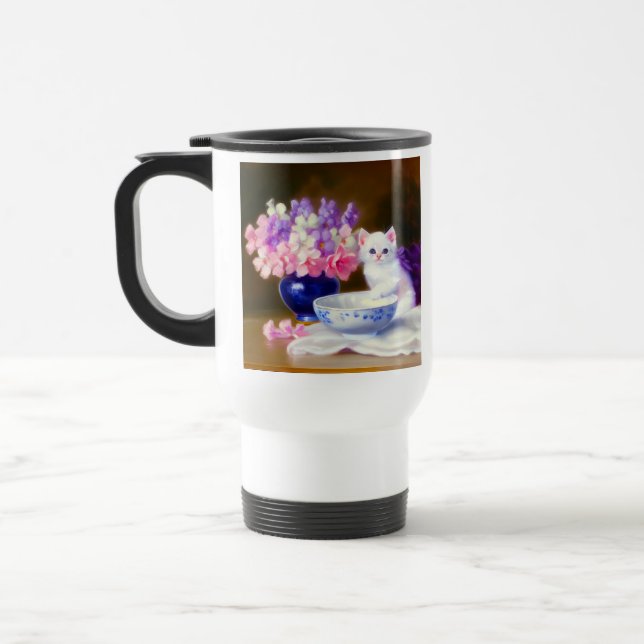 Caneca Térmica Vintage White Kitten com Fita Roxa (Esquerda)