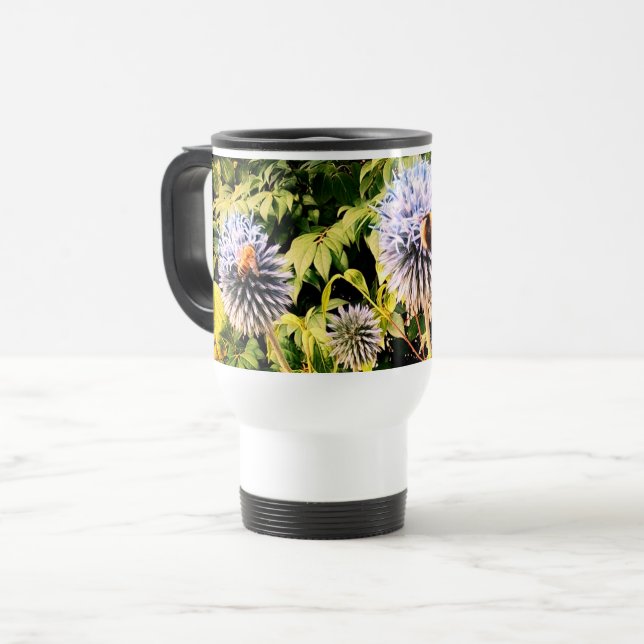 Caneca Térmica Wasp e abelha , em flores azuis (Frente Esquerda)