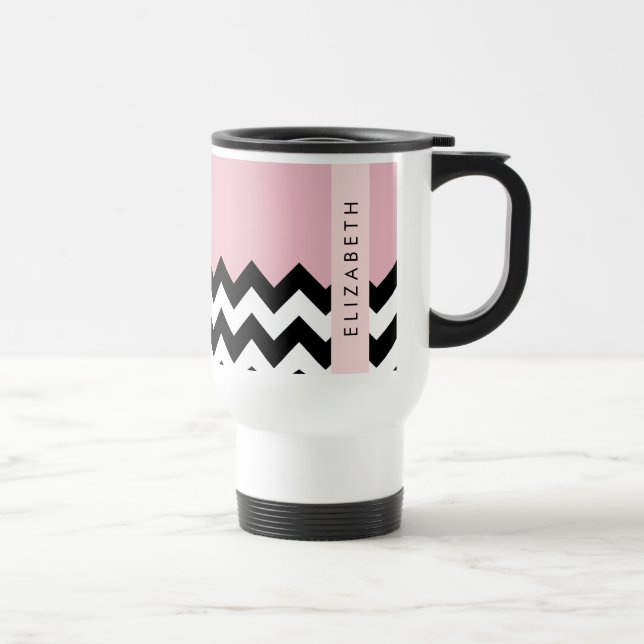 Caneca Térmica Zigzag preto-e-branco, Chevron, rosa, seu nome (Direita)