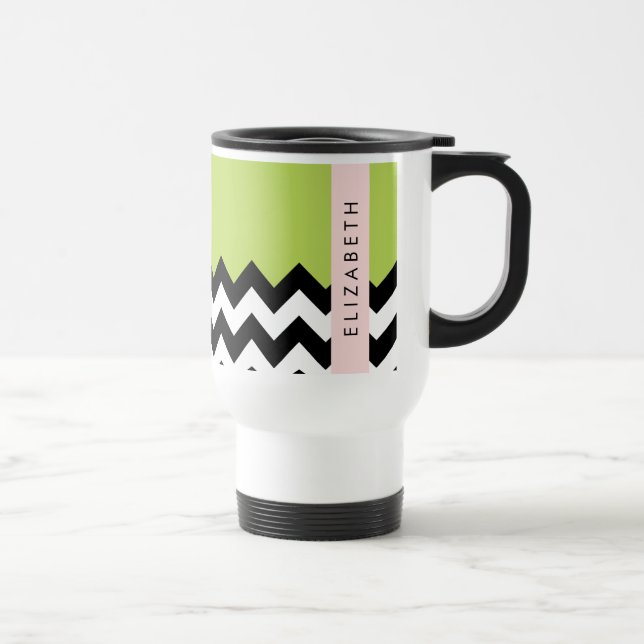 Caneca Térmica Zigzag preto-e-branco, Chevron, verde, seu nome (Direita)