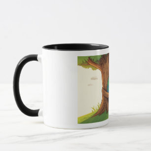 Caneca Terra de desenho animado abraçando uma árvore
