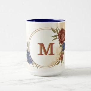 Caneca terracota azul marinho floral folhagem
