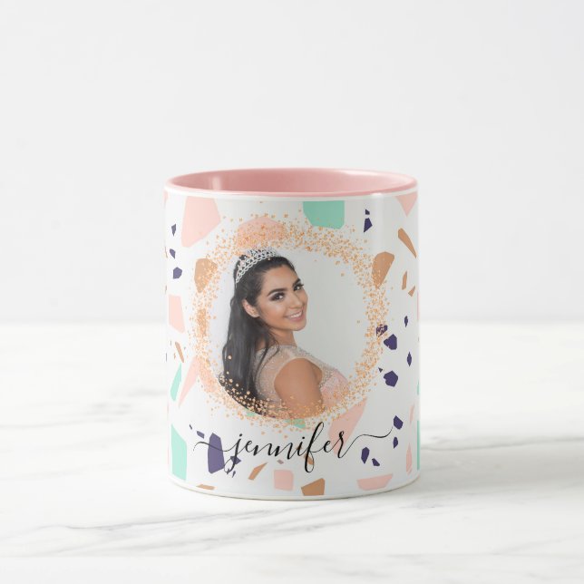 Caneca Terrazzo rosa gold hort — nome da foto branca (Centro)