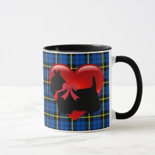 Caneca Terrier escocês, coração vermelho/amor xadrez azul