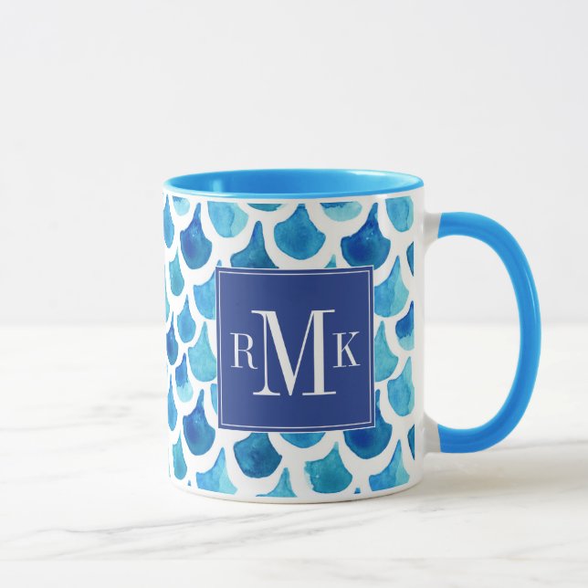 Caneca Teste padrão azul da escala da aguarela (Direita)