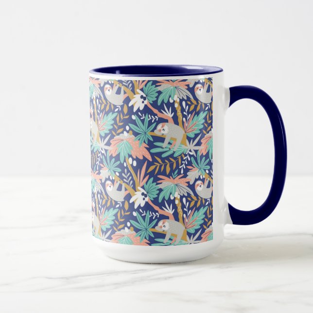 Caneca Teste padrão azul tropical da preguiça (Direita)