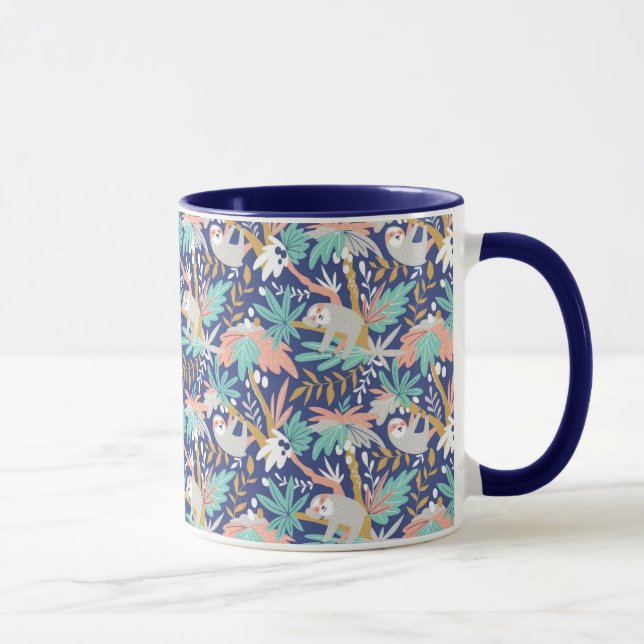 Caneca Teste padrão azul tropical da preguiça (Direita)