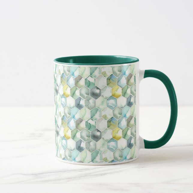 Caneca Teste padrão azul & verde de Honycomb do Aquarelle (Direita)
