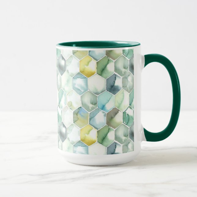 Caneca Teste padrão azul & verde de Honycomb do Aquarelle (Direita)