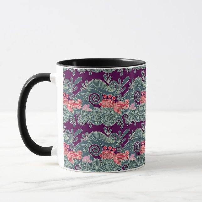 Caneca Teste padrão com peixes e a onda roxa (Esquerda)