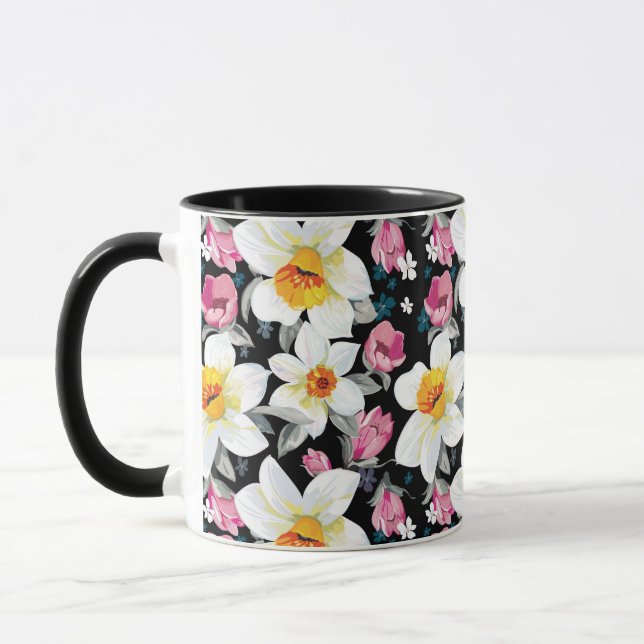 Caneca Teste padrão da elegância com flores do narciso (Esquerda)