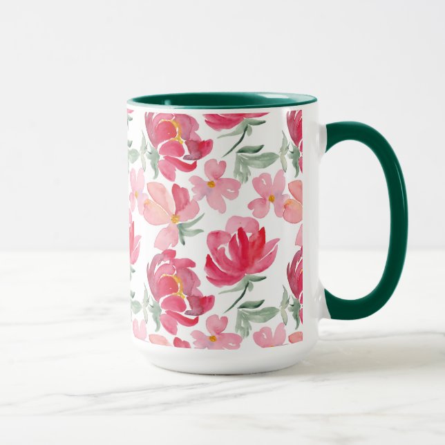 Caneca Teste padrão da peônia da aguarela (Direita)