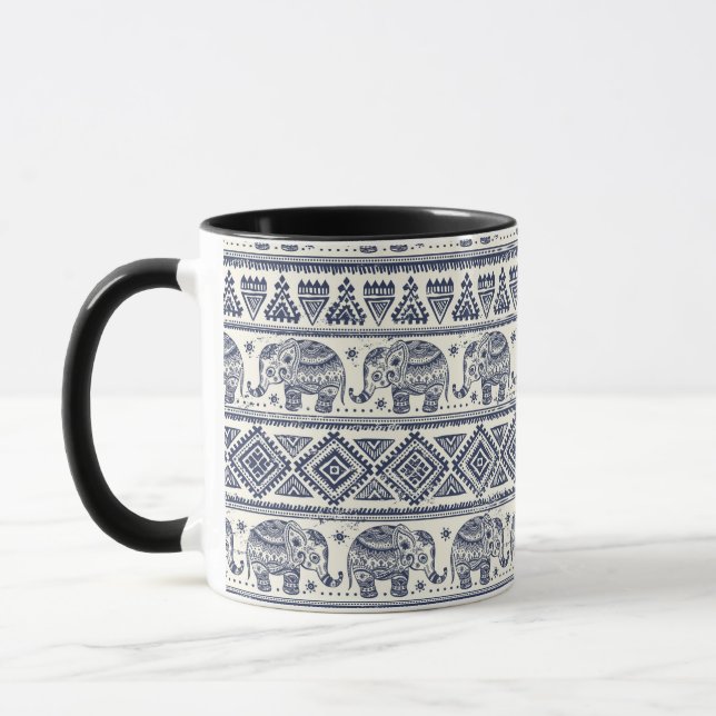 Caneca Teste padrão étnico azul do elefante (Esquerda)