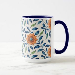 Caneca Teste padrão floral azul & alaranjado