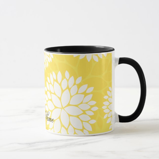 Caneca Teste padrão floral branco amarelo do monograma (Direita)