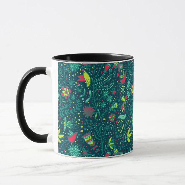 Caneca Teste padrão floral com pássaros 2 dos desenhos (Esquerda)
