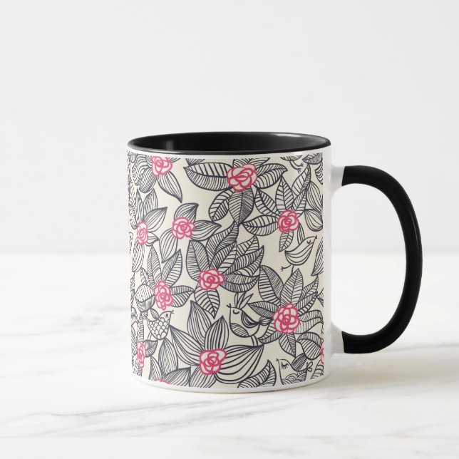 Caneca Teste padrão floral com pássaros dos desenhos (Direita)