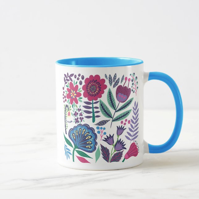Caneca Teste padrão floral da arte popular magenta (Direita)
