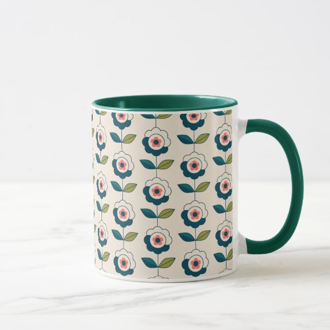 Caneca Teste padrão floral de turquesa retro (Direita)