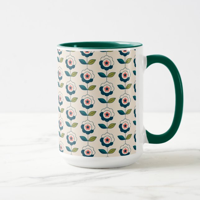Caneca Teste padrão floral de turquesa retro (Direita)