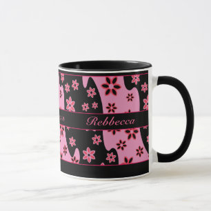 Caneca Teste padrão floral vermelho preto cor-de-rosa