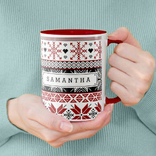 Caneca Teste padrão justo da ilha do inverno vermelho e