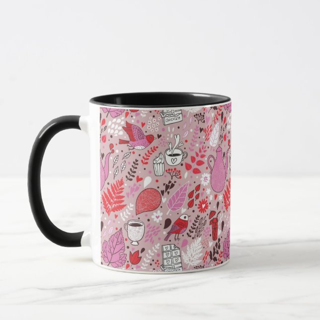 Caneca Teste padrão saboroso com pássaros e flores (Esquerda)
