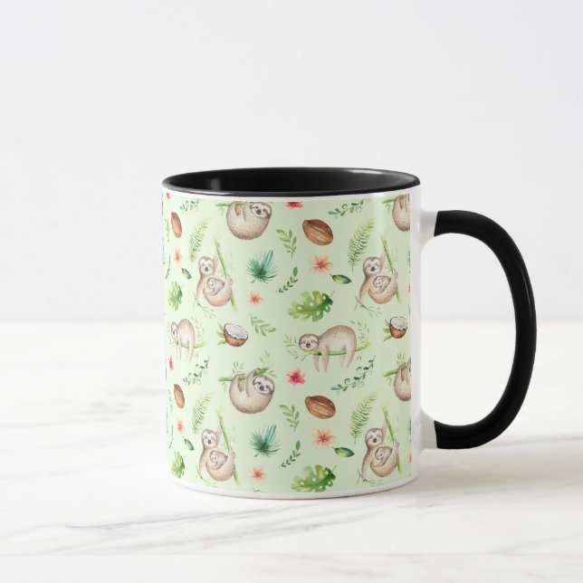 Caneca Teste padrão tropical da preguiça do coco (Direita)