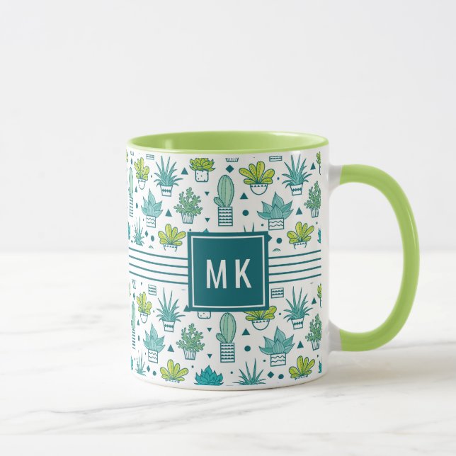 Caneca Teste padrão verde & azul do Succulent da aguarela (Direita)