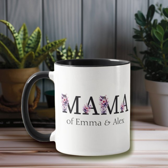 Caneca Texto da Mamãe Floral Nomes de Crianças Personaliz (Criador carregado)