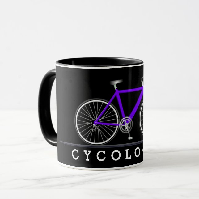 Caneca Texto de cicologista com bicicleta roxa (Frente Esquerda)