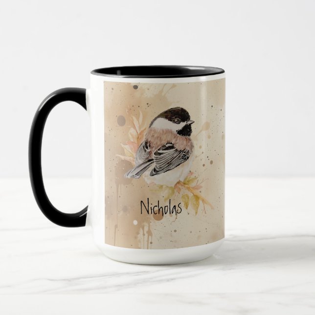 Caneca Texto de Nome Personalizado Chickadee Bird Aguarel (Esquerda)