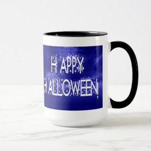 Caneca Texto do Dia das Bruxas Azul Feliz