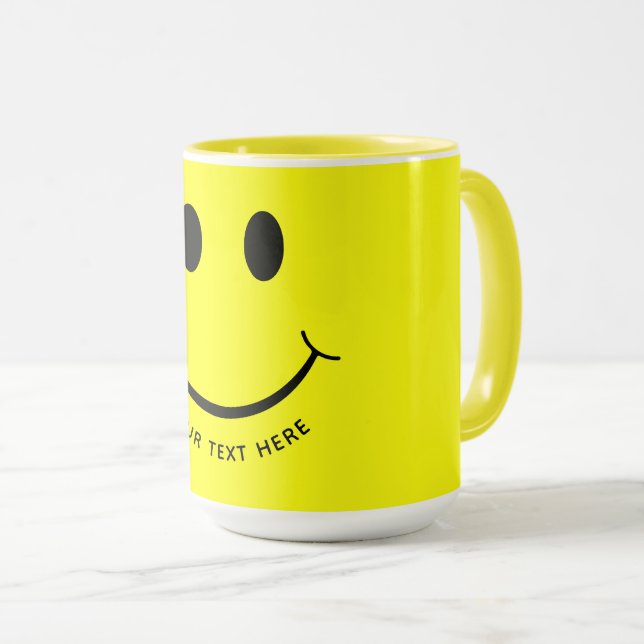 Caneca Texto para Adicionar Rosto Amarelo Feliz| Inferior (Frente Esquerda)