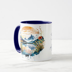 Caneca Texto personalizado da cena da montanha de aquarel