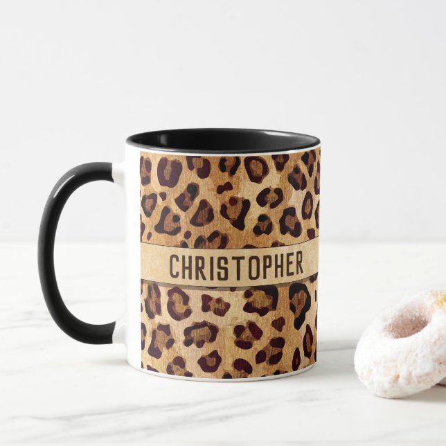 Caneca Texto Rústico: Leopard Print Add Name (Com Donut)