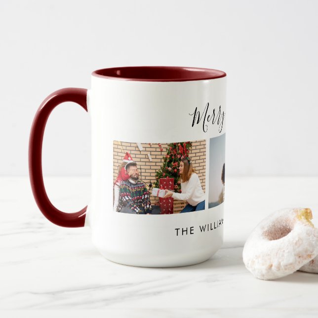 Caneca Three Custom Photo Collage & Text Merry Christmas (Com Donut)