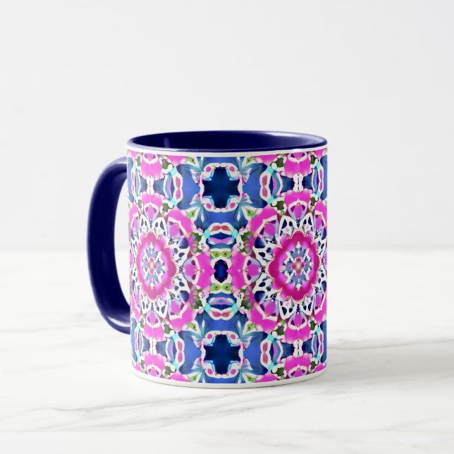 Caneca Tie Dye Mandala Padrão Denim Azul e Rosa (Frente Esquerda)