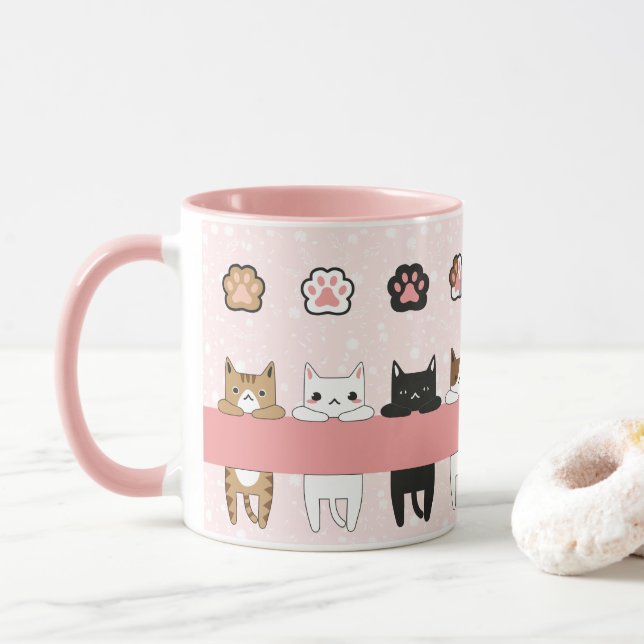 Caneca Tiernos gatitos en fondo rosa con flores (Com Donut)