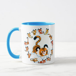 Caneca Tigres de desenho animado lindos mandala (azul)