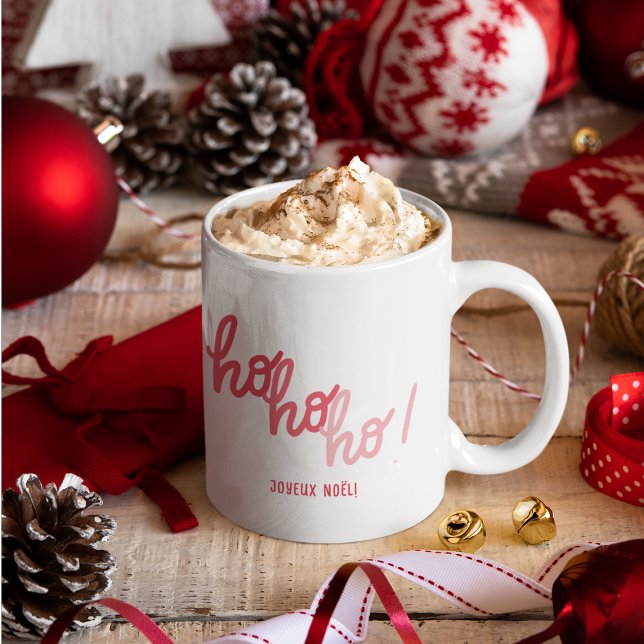 Caneca Tipografia Alegre Vermelho Rosa Hohoho Joyeux Noel (Criador carregado)