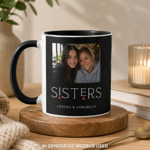 Caneca Tipografia Coração de Irmãs Foto Preta