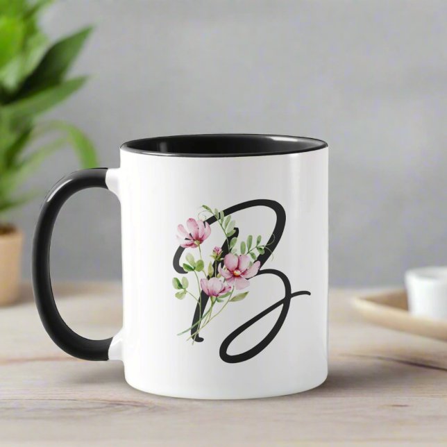 Caneca Tipografia Elegante Monograma inicial B Floral (Criador carregado)