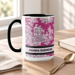 Caneca Toile de Jouy Monograma Floral Rosa Vintage