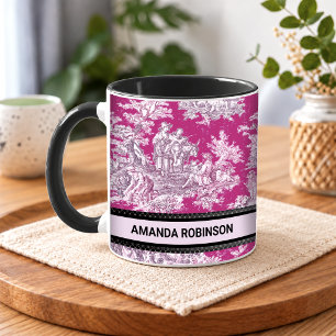 Caneca Toile de Jouy Monograma Floral Rosa Vintage