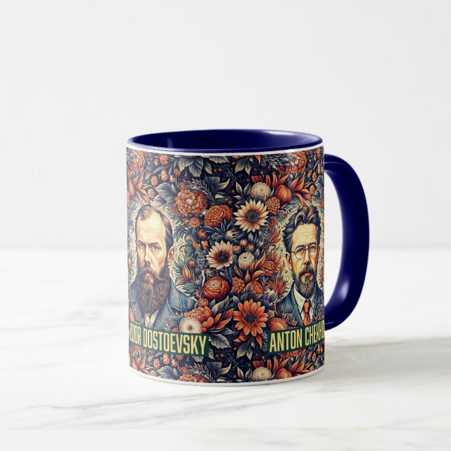 Caneca Tolstoy Dostoevsky Chekhov, escritores russos. (Frente Esquerda)