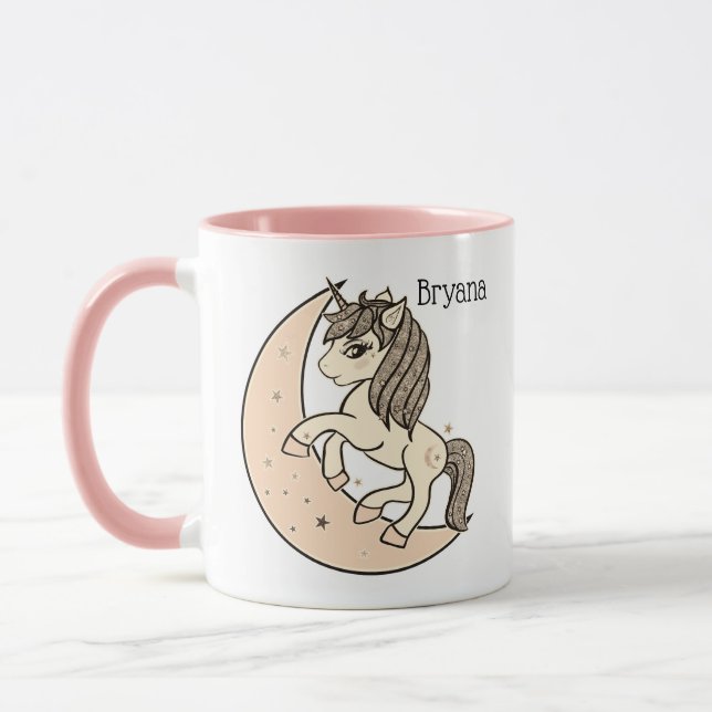 Caneca Tônico Rosa Bege Celestial Lua e Estrelas Unicórni (Esquerda)