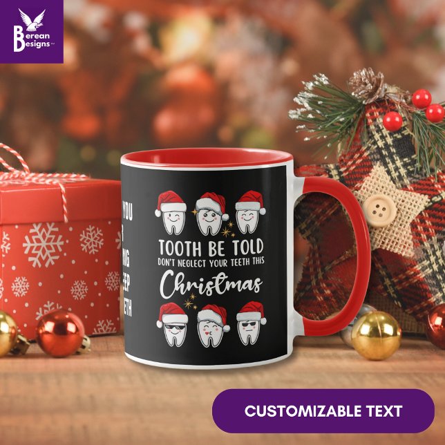 Caneca TOOTH BE DIZIDO Dental Natal Personalizado (Fun DENTAL CHRISTMAS Tooth Be Told Mug with Kawaii design and custom text. Great gift for dentists.)