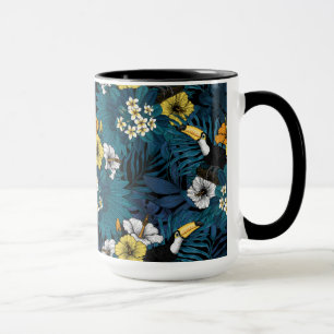 Caneca Toques e flora tropical, azul, amarelo, laranja